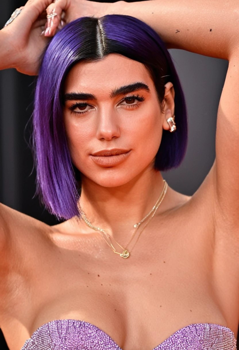 high quality celebrity Erotic portrait photo , (gorgeous celebrity, nude , woman, SDXL , lora, smile, smiling , eyebrows raised ,DuaLipa, dua lipa, duxlipa, female, singer, cute, vacation side background, violet color hair , random click, random move photograph , photorealistic , celebrity , woman ) sunbathing , topless , shiny breast ,shiny sweaty skin , sexualized move, erotic angles, sweaty flat breas,t celebrity erotic photograph , shiny sweaty skin, hollywood , fleshy muscular woman , ( natural lights, depth of field, detailed face , insanely detailed skin texture, hyper detailed features )