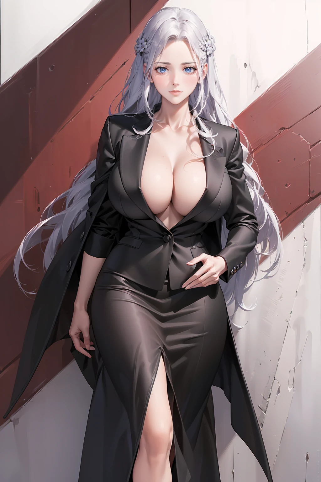 (best quality,4K,8K,highres,masterpiece:1.2),ultra-detailed,red lips,lipsticks,business woman's coat,black suit,deep red eyes,milf,long hair,silver hair,serious expression,handsome and confident,subtle smile,full body,big breasts,perfect breasts,White Princess Shirt, NSFW\