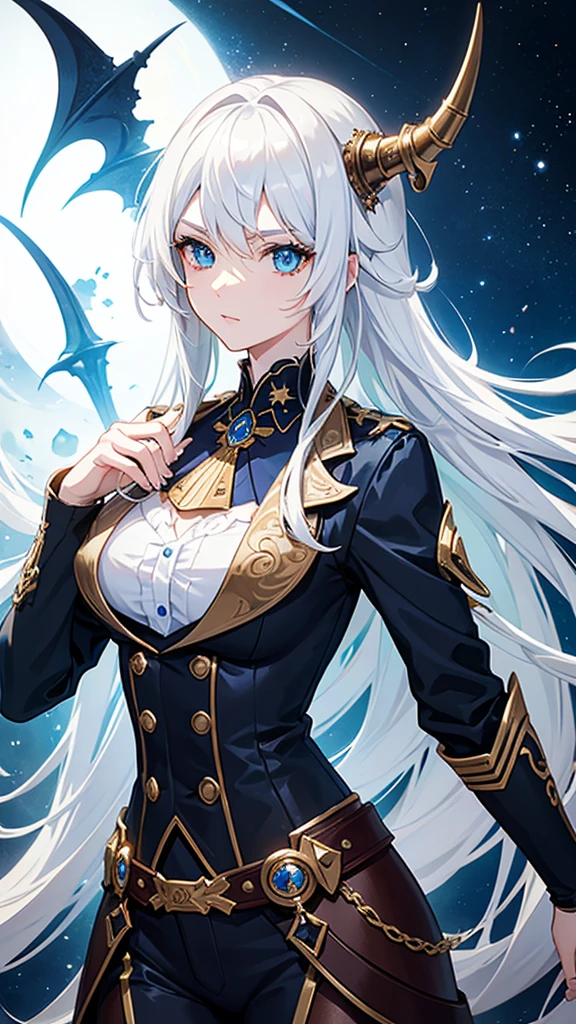  dragon-like and white hair, and star details, blue horn, blue eye, and steampunk style metal arm