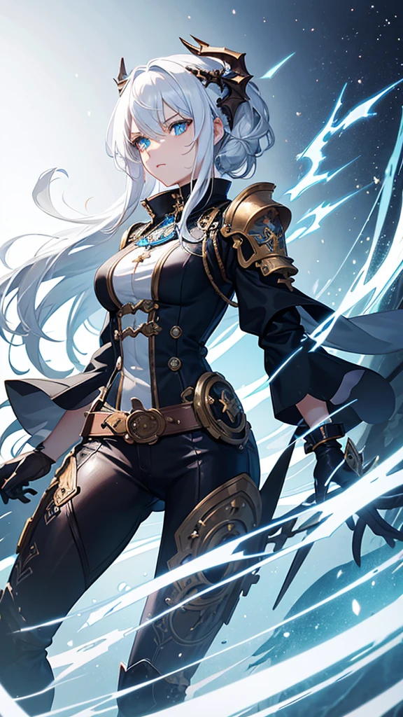  dragon-like and white hair, and star details, blue horn, blue eye, and steampunk style metal arm
