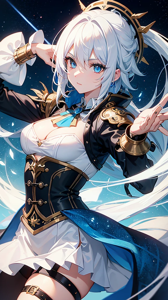 dragon-like and white hair, and star details, blue horn, blue eye, and steampunk style metal arm