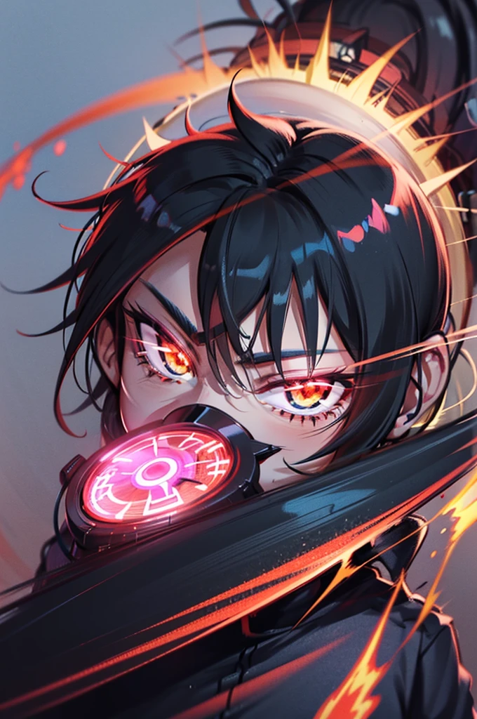 Anime Reality, detailed anime, anime styling, super verbose, high details, masterpiece, high quality, high resolution, 1man, anime male, intense face, black hair, black haired anime man, glowing eyes, blue glowing eyes, covered mask, covering mouth, red mask, action pose, lightning background, lightning aura, holding sword