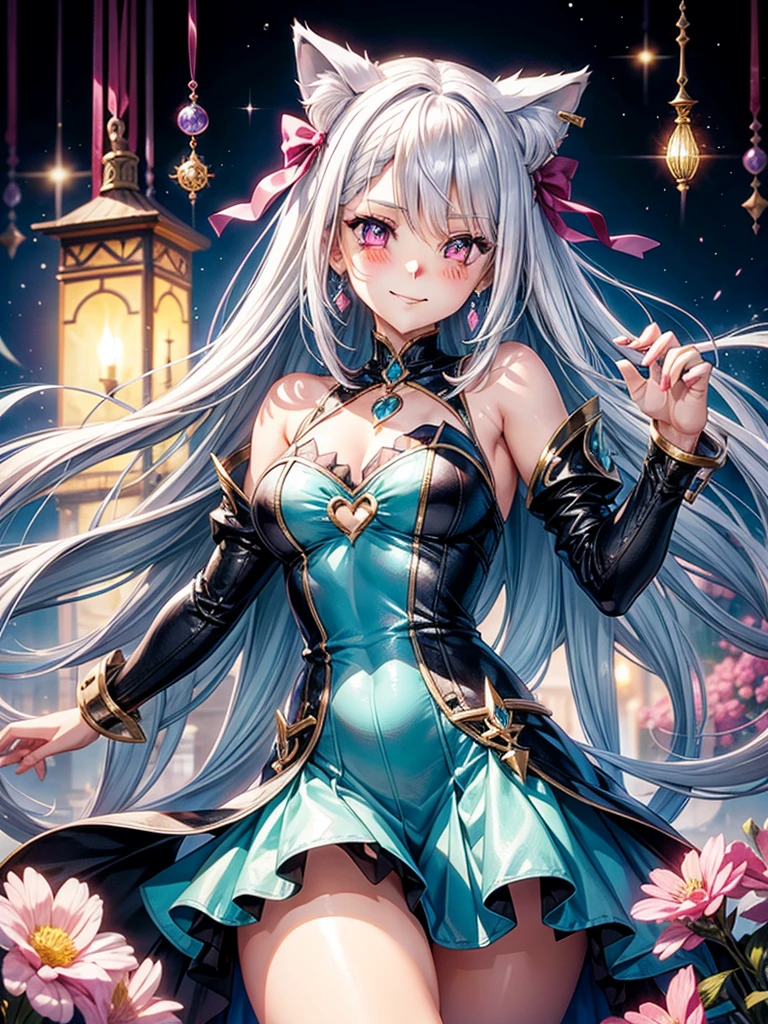 Silver hair, pink eyes, body, cat ears, woman, earrings, fantasy background, aqua clothes, hair bows, happy face