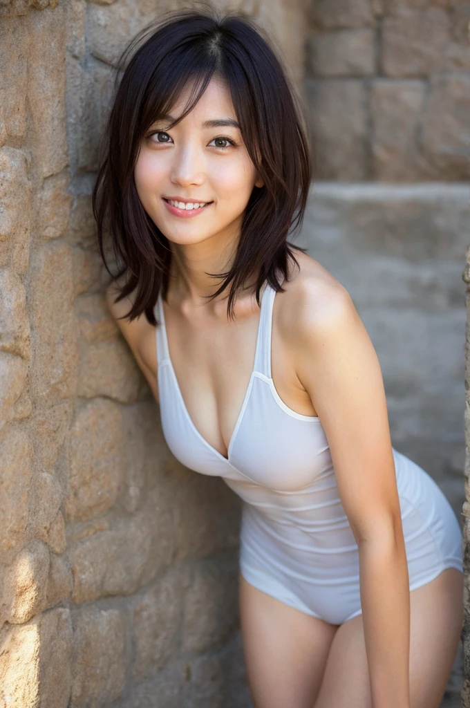 You are a professional photographer。future、Beautiful Eyes、 ((Highest quality)), Clear contours, Woman with beautiful face, (((One Girl,alone))), ((Beautiful Eyes)), Sex Appeal,Albedo and Specular Maps、Accurate simulation of lightweight material interactions、A woman taking a photo wearing, Light Smile、perfect body,Small Boobs,Yoshitomo Nara,Thighs、Short Hair