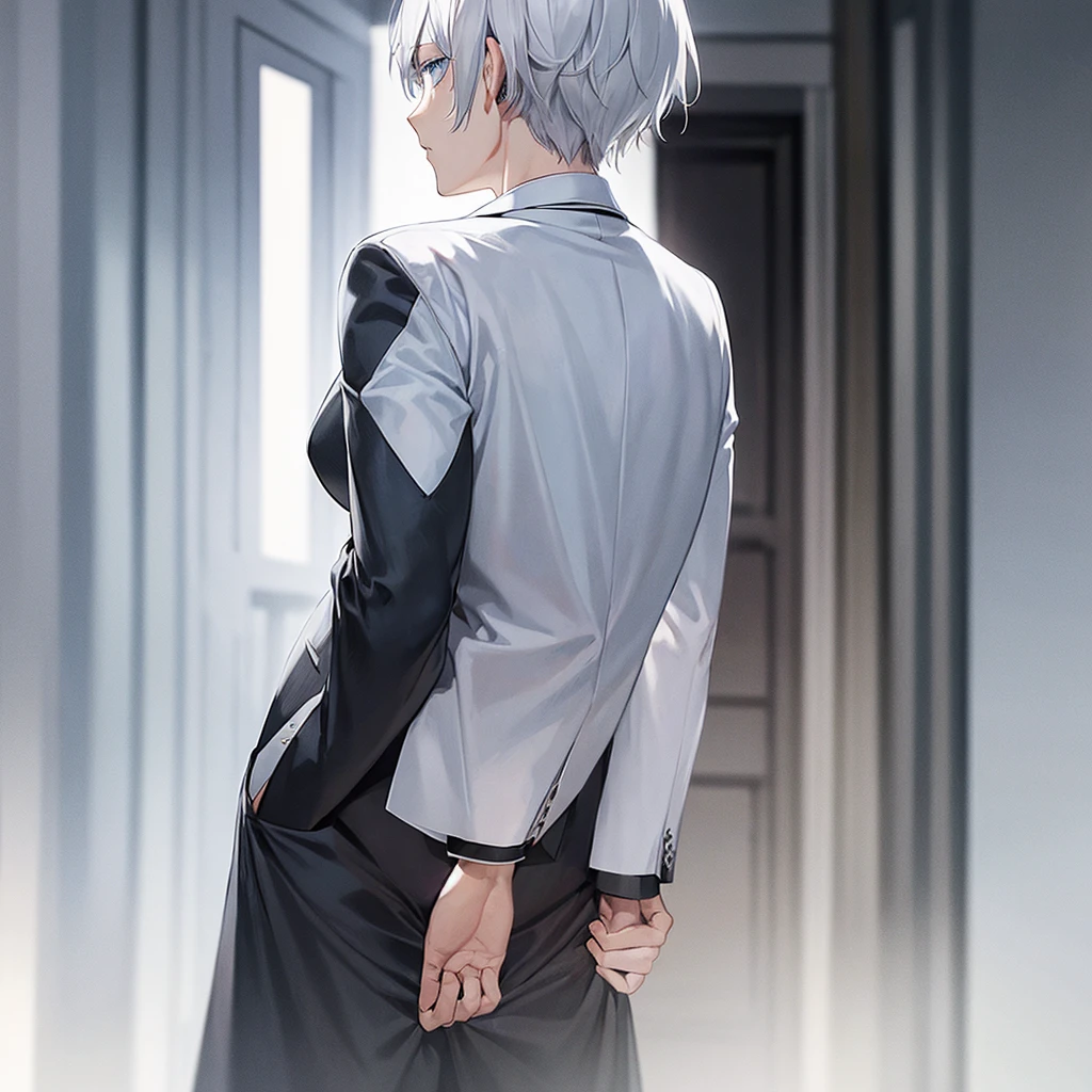 A man, his back turned, alone, white hair, blue eyes, wearing a black suit.