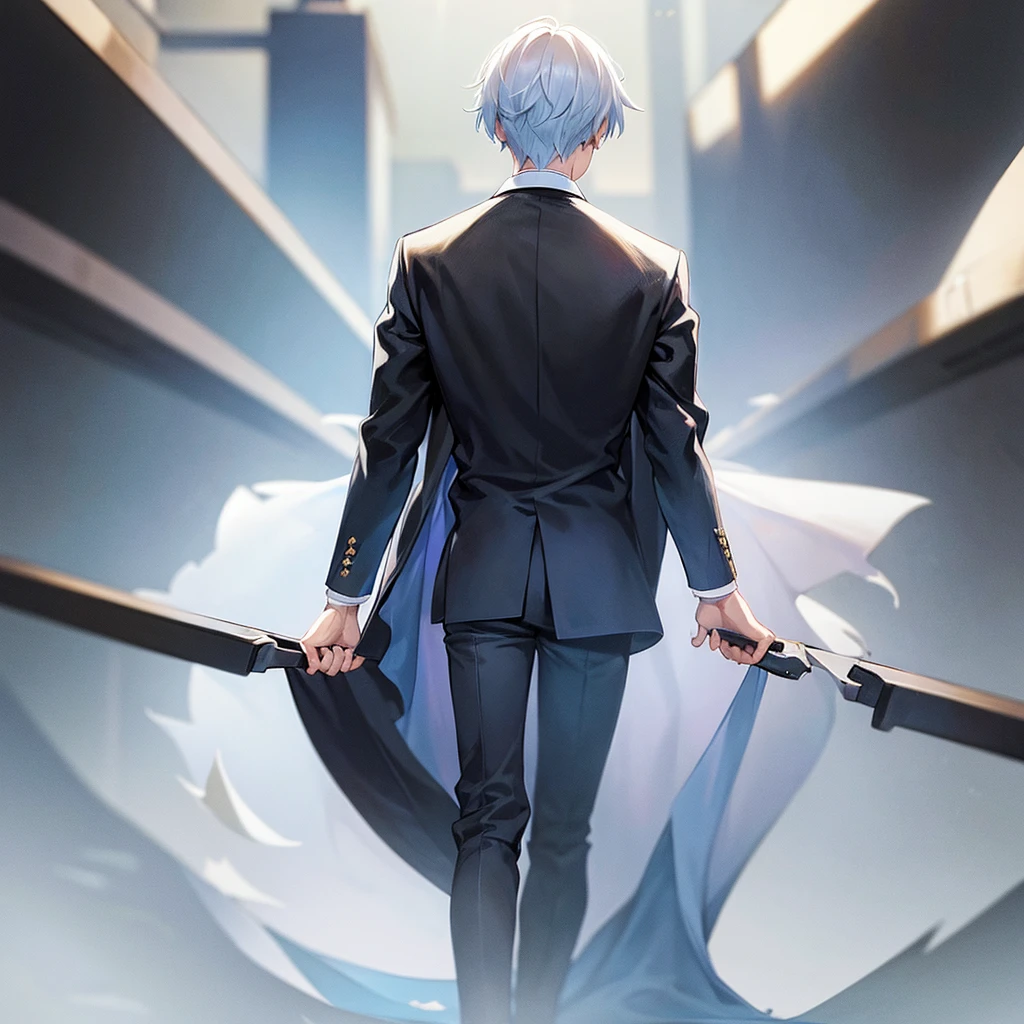 A man, his back turned, alone, white hair, blue eyes, wearing a black suit.
