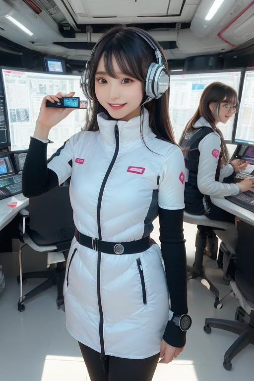 masterpiece, Highest quality, Very detailed, 8K Portrait,Japanese Android Girl,plump , Control panel,Robotic arms and legs, Blunt bangs,,break (Metallic Gray, Metallic luster, Mirror finish, Astro Best):5,headphone:5,break (Black sleeves):100,Smart Watches,Futuristic space station,Control Room,break headphone,blue eyes,(Black Hair):2,(Long Hair):1.3,Displaying the viewer,(respirator),break blush:3,Hidden Hand,smile