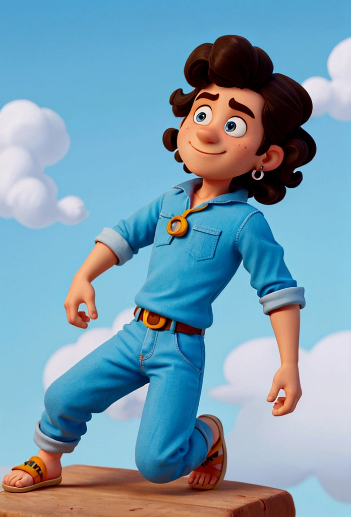 Cartoon style boy, pixar, medium curly hair, with earrings