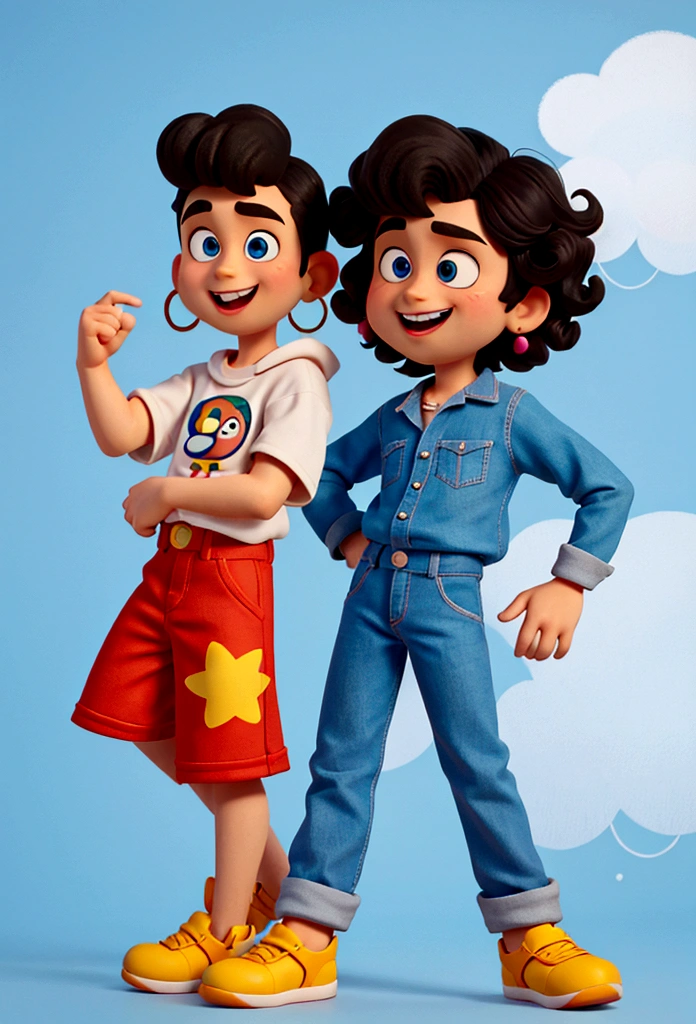 Cartoon style boy, pixar, medium curly hair, with earrings