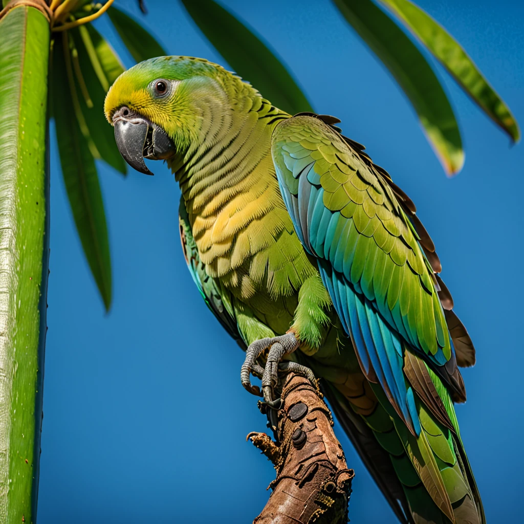 a close-up of a [Green Parrot], [Brazilian Forest] background, [Tropical Blue Sky] background, [Sunset] background, [full body] view, [National Geographic] documentary photography, high resolution camera, high quality camera, DSLR camera high res, high render, realistic, 8k, hd, high details, :RealVisXL 4.0:, :midjourney v6:, :full_body_view:, movie, cinematic,