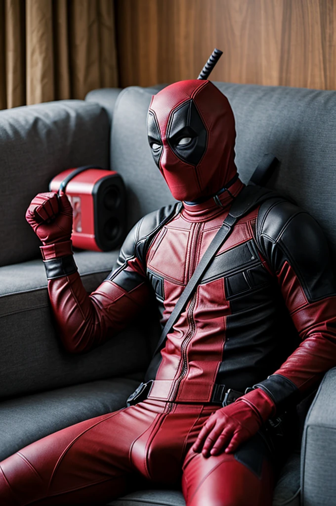 A teenager sitting on the couch in a Deadpool costume listening to music with some Beats 