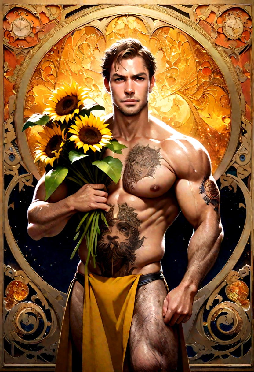 (Artwork, maximum quality, best quality, official art, beautiful and aesthetic:1.2), (1 man), extremely detailed, (fractal art:1.3),colorful,R-Rated most detailed, nsfw, magazine cover, art poster, Lovecraftian horror Tattoos, Tattoos, musculine, short hair, rustic face, Muscular body, Hairy chest and hairy body, loincloth, painting of a man holding a bouquet of sunflowers in front of a golden background, hyperrealistic Art Nouveau, Chie Yoshii , Andrey Remnev, by Yamagata Hiro, Mucha Klimt and Tom Bagshaw, inspired by J.. c. Leendecker, inspired by J..c. Leendecker, inspired by J.ames c. christensen