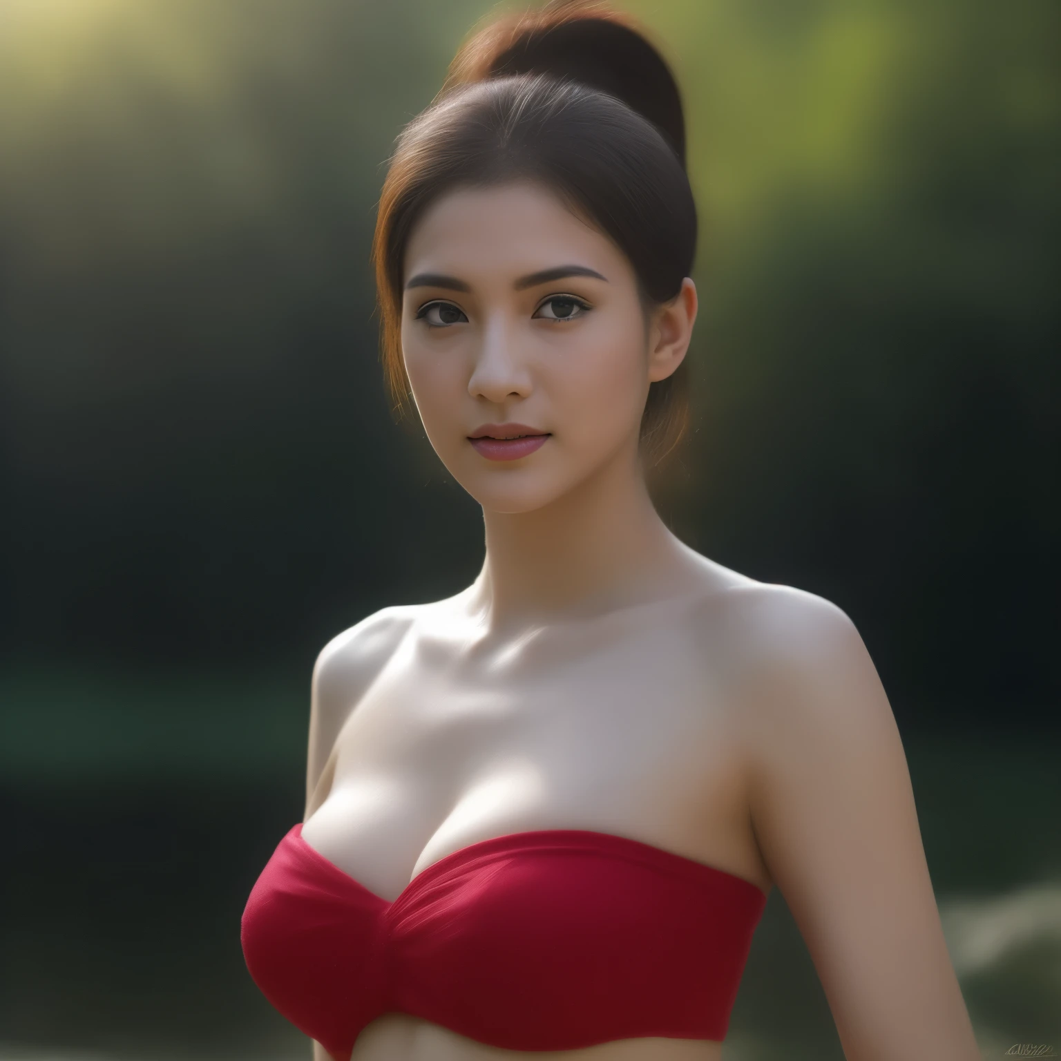 beautiful girl ,Thai female warrior, showering in a swiming pool at the forest, dynamic poses, Red and black strapless shirt, long ponytail,black eyes,abdominal muscles,plump body, rounded breast, (big breast:1.3), rift, morning sun,staring at the audience, rain, (dynamic poses), shower, shower poses, ((face details)),Double eyelids, finished, (Backlight), realistic, Masterpiece, Highest quality, lens flare, shade, in full bloom, [[Chromatic aberration]], By Jeremy Lipking, By Antonio J.. Manzanedo, digital painting, HDR, high contrast
