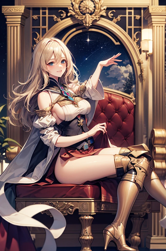 {{{Browsing Caution:1.5}}}, {{{nude:1.5}}}, Highest quality、Best image quality、In 8K,4K,masterpiece、Very detailed、beautiful、super high quality、beautiful女の子,Five Fingers,Shrine maiden, {{{Sit on the living room sofa with your knees raised:1.5, Spread your legs:1.4}}},{{{Skirt flip:1.5, Showing off caged panties:1.4,Camel Toe:1.25}}},blonde, blue eyes, Long Hair, Hair between the eyes,Grab the magic wand,smile,Knee-high boots, dress, Frills袖, Frills, have, Pelvic Curtain, High heels, Thigh-high boots, White thighs, Long sleeve, Puffy sleeves,Hair blowing in the wind、Starry Sky,Mysterious Space,(Sitting on a big rock),{Fold your hands behind your body:1.5},fudge breasts:1.5,