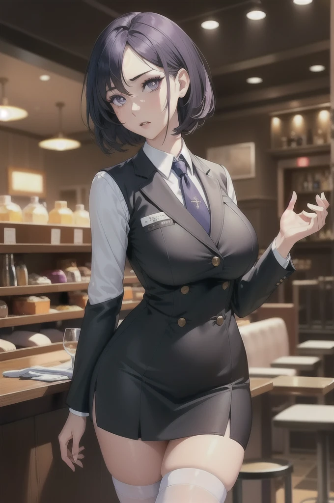 sirius (Wearing business outfit,formal jacket,neck tie, tie,white shirt, skirt, heels,High waist Skirt, NSFW, thighhigh socks)( big perfect round breasts,hourglass body, thin waist,btpt-fc,Photo realistic, (hyperrealistic:1)beautiful, masterpiece, best quality, extremely detailed face, perfect lighting,detailed eye makeup, detail face, nice detailed eyes,nice hands, perfect hands (realistic pupils,realistic iris:1) heavy eye makeup,  (working at a restaurant, background restaurant)