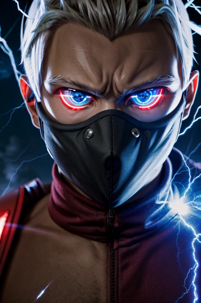 Anime Reality, detailed anime, anime styling, super verbose, high details, masterpiece, high quality, high resolution, 1man, anime male, intense face, black hair, black haired anime man, glowing eyes, blue glowing eyes, covered mask, covering mouth, red mask, action pose, lightning background, lightning aura, holding sword
