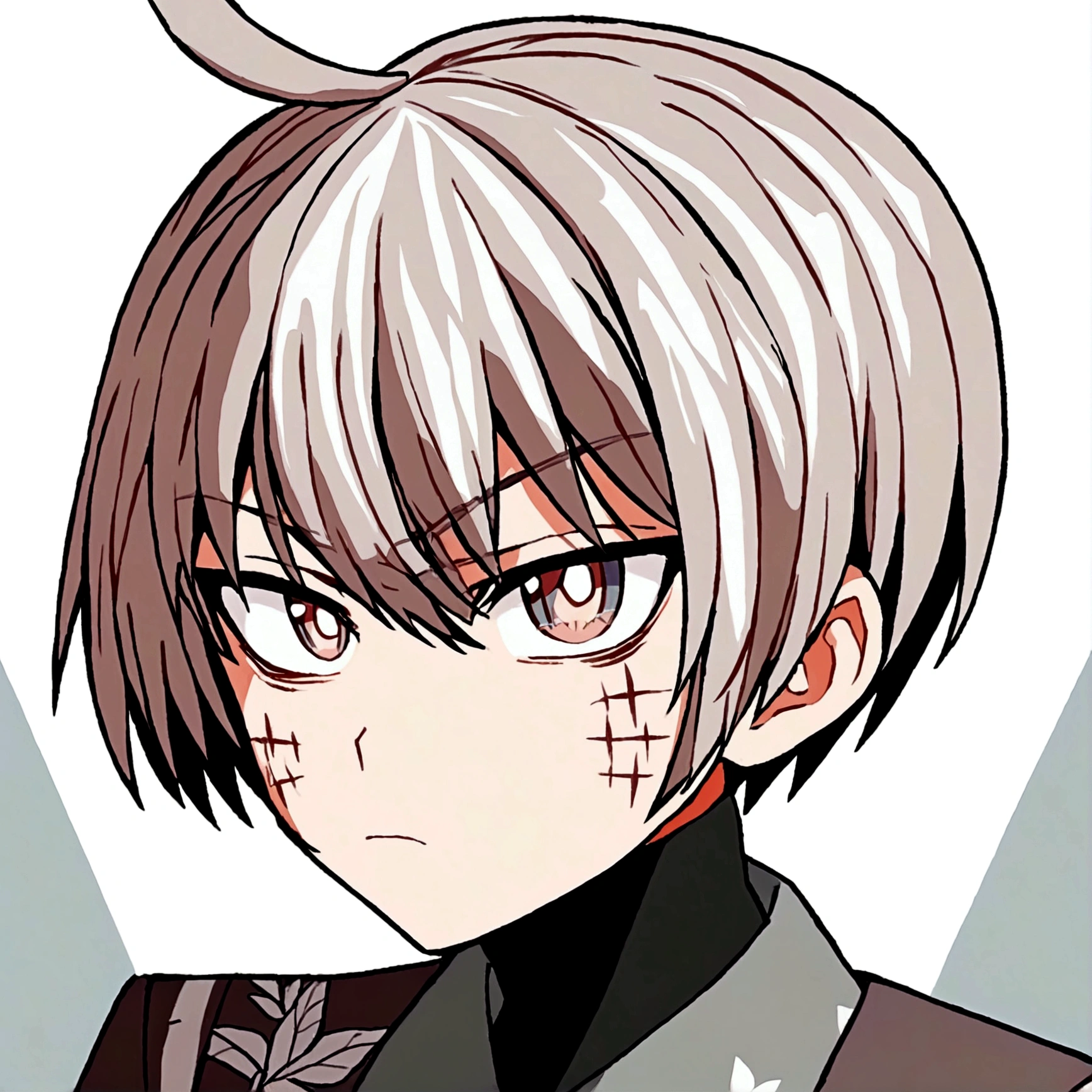 black hair, super verbose "Create an anime-style illustration/mango de um personagem masculino. He must have short blonde hair, big brown eyes, and a neutral expression. The character's face must have several visible seams. The background must be simple and white to highlight the character." Sicatrizes, アニメ/mango, JUJUTSU KAİSEN, Another quality, multicolored eyes, anime style, 8K, HD, uhd, masterpiece, 16K
