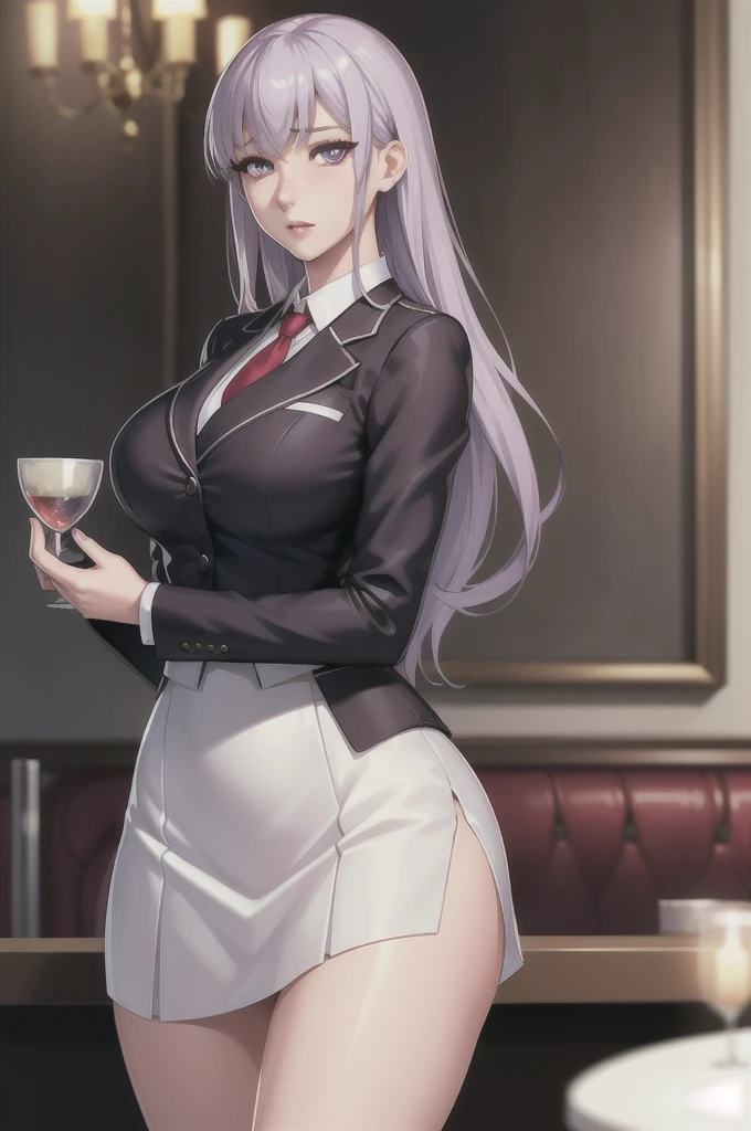 sakuyarindou768, mature female,(Wearing business outfit,formal jacket, NSFW, neck tie, tie,white shirt, skirt, heels,High waist Skirt)( big perfect round breasts,hourglass body, thin waist,btpt-fc,Photo realistic, (hyperrealistic:1)beautiful, masterpiece, best quality, extremely detailed face, perfect lighting,detailed eye makeup, detail face, nice detailed eyes,nice hands, perfect hands (realistic pupils,realistic iris:1) heavy eye makeup (working at a restaurant, background restaurant)