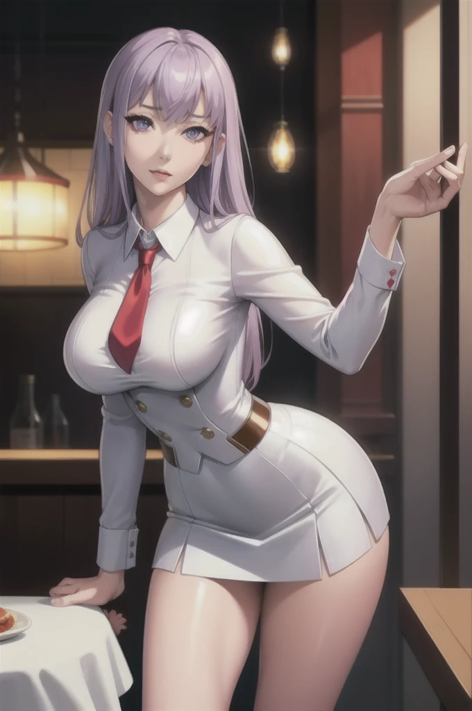 sakuyarindou768, mature female,(Wearing business outfit,formal jacket, NSFW, neck tie, tie,white shirt, skirt, heels,High waist Skirt)( big perfect round breasts,hourglass body, thin waist,btpt-fc,Photo realistic, (hyperrealistic:1)beautiful, masterpiece, best quality, extremely detailed face, perfect lighting,detailed eye makeup, detail face, nice detailed eyes,nice hands, perfect hands (realistic pupils,realistic iris:1) heavy eye makeup  (working at a restaurant, background restaurant)