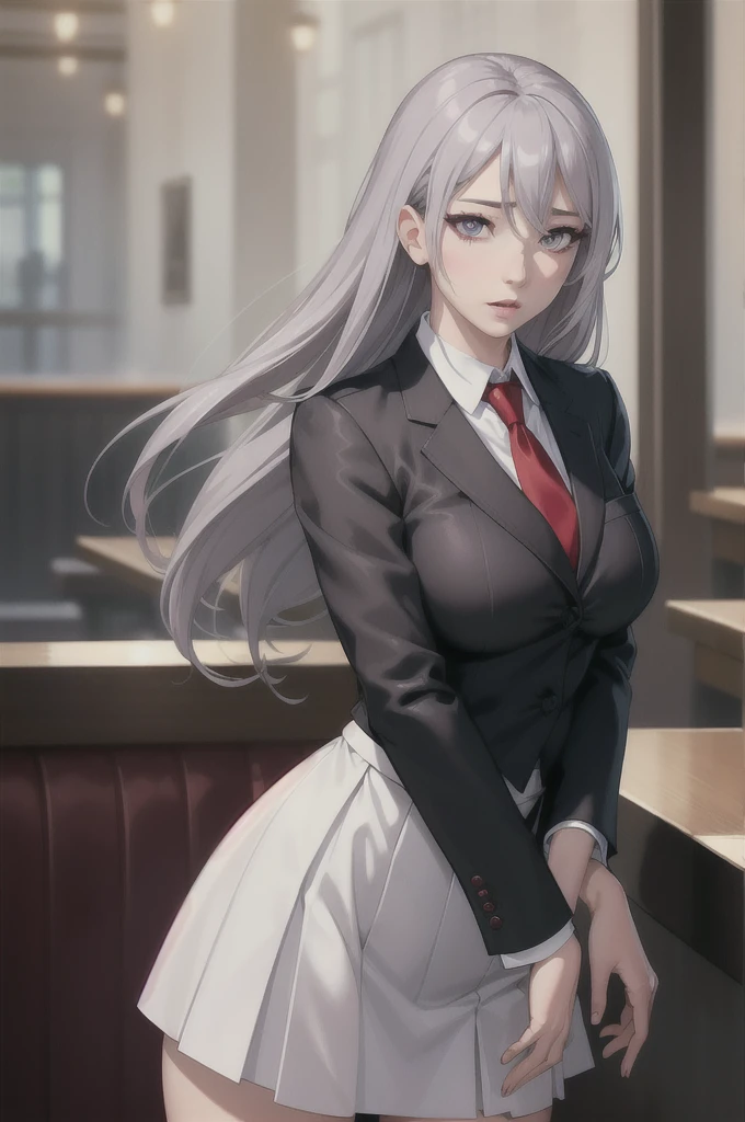 sakuyarindou768 (Wearing business outfit, NSFW, formal jacket,neck tie, tie,white shirt, skirt, heels,High waist Skirt)( big perfect round breasts,hourglass body, thin waist,btpt-fc,Photo realistic, (hyperrealistic:1)beautiful, masterpiece, best quality, extremely detailed face, perfect lighting,detailed eye makeup, detail face, nice detailed eyes,nice hands, perfect hands (realistic pupils,realistic iris:1) heavy eye makeup,gray hair,long hair,bue eyes,  (working at a restaurant, background restaurant)