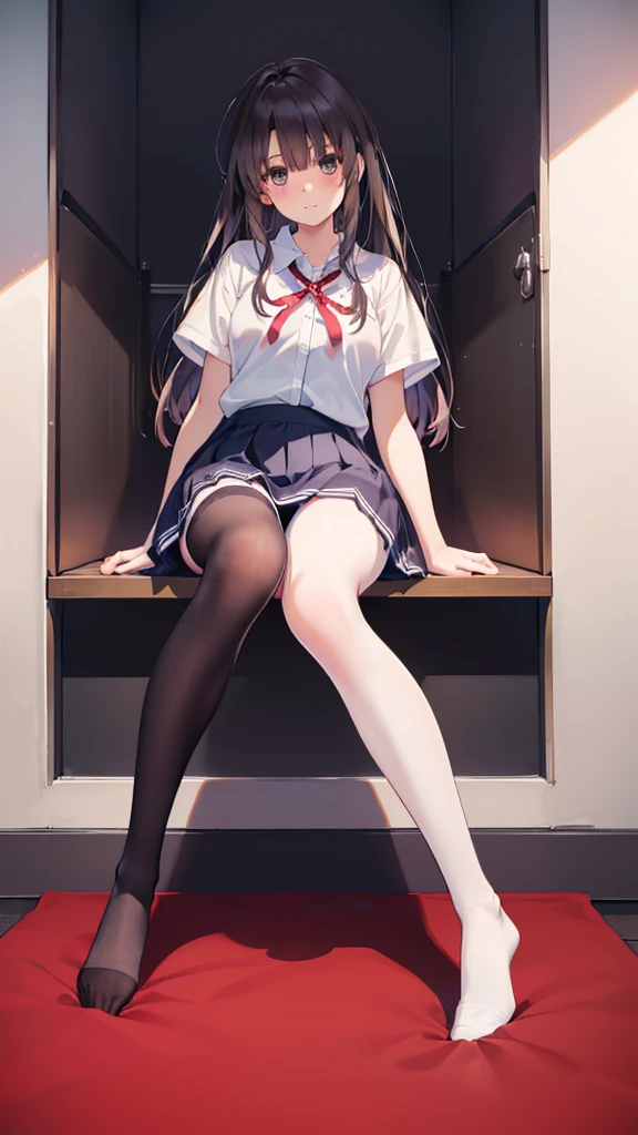 (8K、Best image quality、Highest quality、masterpiece)、One tall girl、((Full body))、Sit on the floor with your legs spread apart、White panties are visible、Long Hair、Wavy Hair、blush、Moderate bust、White collared shirt、Short sleeve、((Plaid pleated mini skirt))、Classroom Background、((black tights))、Black Pantyhose、((No shoes))