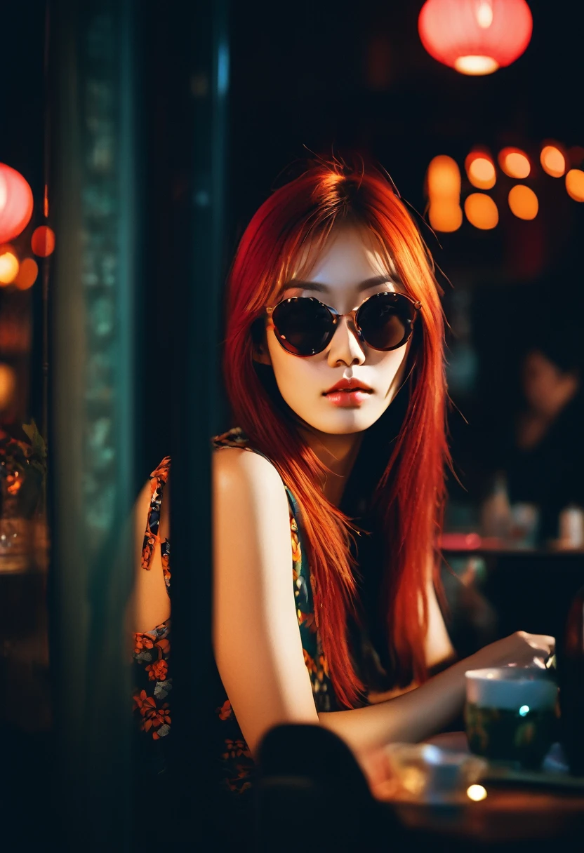 Beautiful Asian redhead sitting in a restaurant at night, visible from the window, perfect face, sunglasses, neon black, (backlit: 1.1), hard shadows, artwork, highest quality, complex, model shooting style, vintage, film grain, incomplete details.