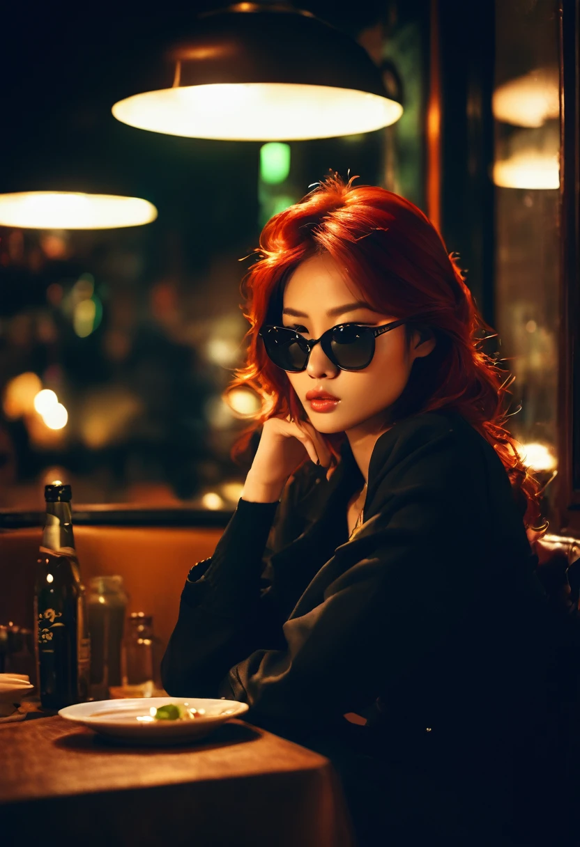 Beautiful Asian redhead sitting in a restaurant at night, visible from the window, perfect face, sunglasses, neon black, (backlit: 1.1), hard shadows, artwork, highest quality, complex, model shooting style, vintage, film grain, incomplete details.