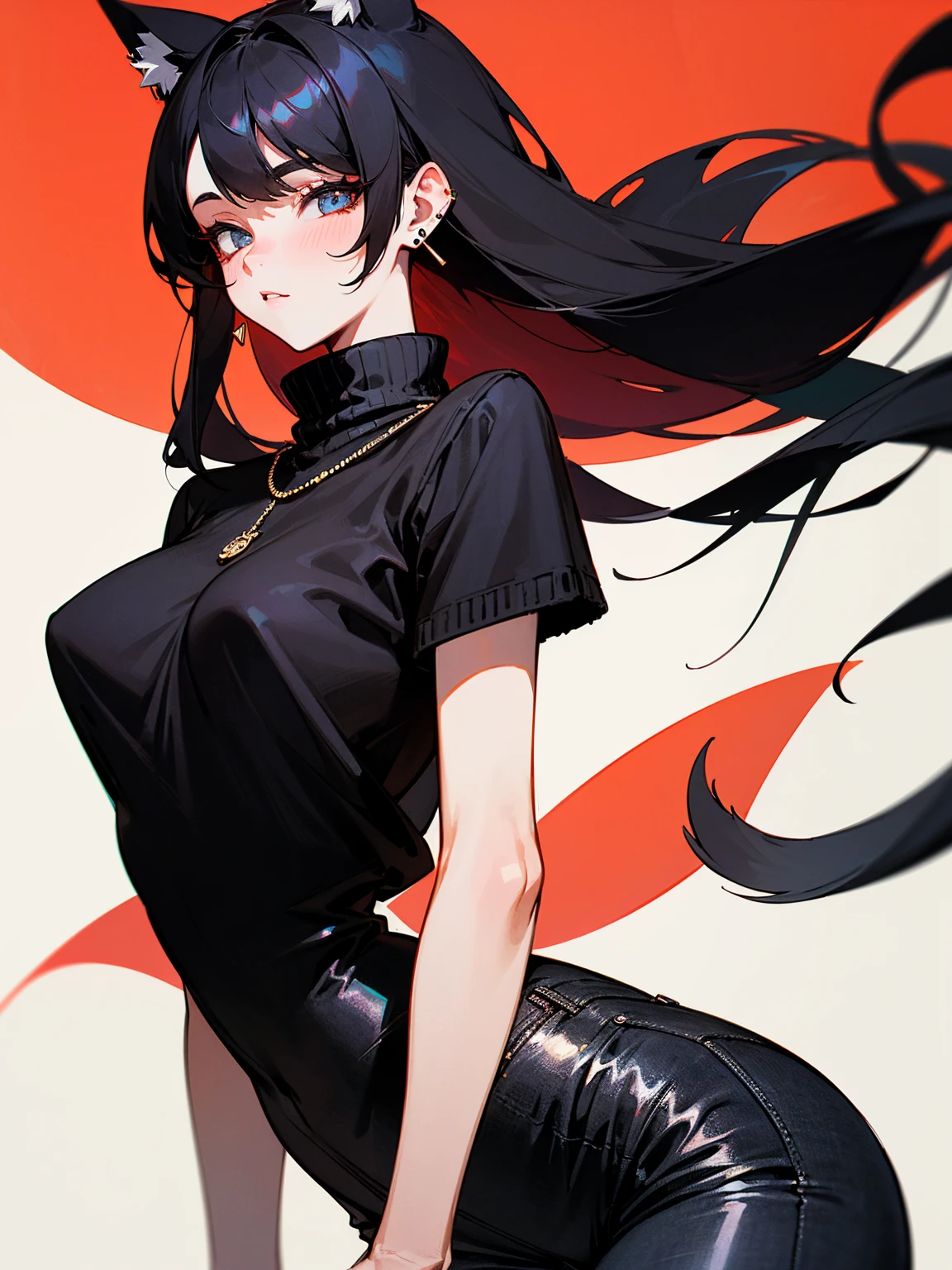 ((Long Straight Black hair)), Perfect face, Choker, Punk earrings, ((Tall)), ((High Quality)), Necklace, ((Mature)), Pretty Eyes, Sharp Nails, Bangs, ((1 Girl)), Hot, ((Multiple Earrings)), Natural Tits, 1 girl, Beautiful, Sexy, Spiky Earrings, Adult, Spiked Collar, Thin Eyelashes, Plain Background, Red Colors in Background, Lewd, Orgasmic, Horny, Dark Colors, Slender Body, Cat Girl, Long Tail, Large Tail, Massive Tail, Black Tail, ((Black Jeans)), ((Black Turtleneck Sweater)), Thick Thighs, Close Up, ((Small Tits)),