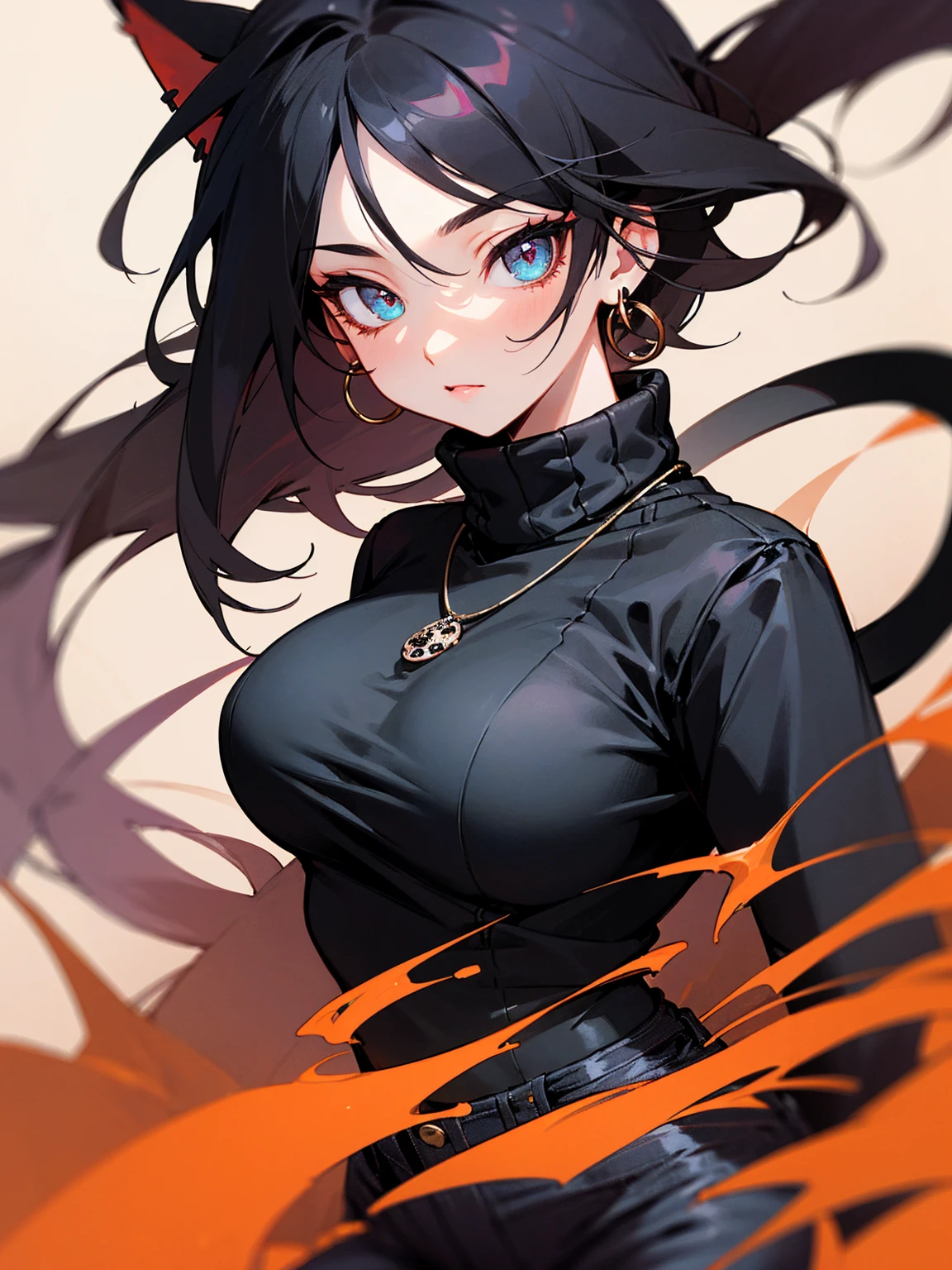 ((Long Straight Black hair)), Perfect face, Choker, Punk earrings, ((Tall)), ((High Quality)), Necklace, ((Mature)), Pretty Eyes, Sharp Nails, Bangs, ((1 Girl)), Hot, ((Multiple Earrings)), Natural Tits, 1 girl, Beautiful, Sexy, Spiky Earrings, Adult, Spiked Collar, Thin Eyelashes, Plain Background, Red Colors in Background, Lewd, Orgasmic, Horny, Dark Colors, Slender Body, Cat Girl, Long Tail, Large Tail, Massive Tail, Black Tail, ((Black Jeans)), ((Black Turtleneck Sweater)), Thick Thighs, Close Up, ((Small Tits)),