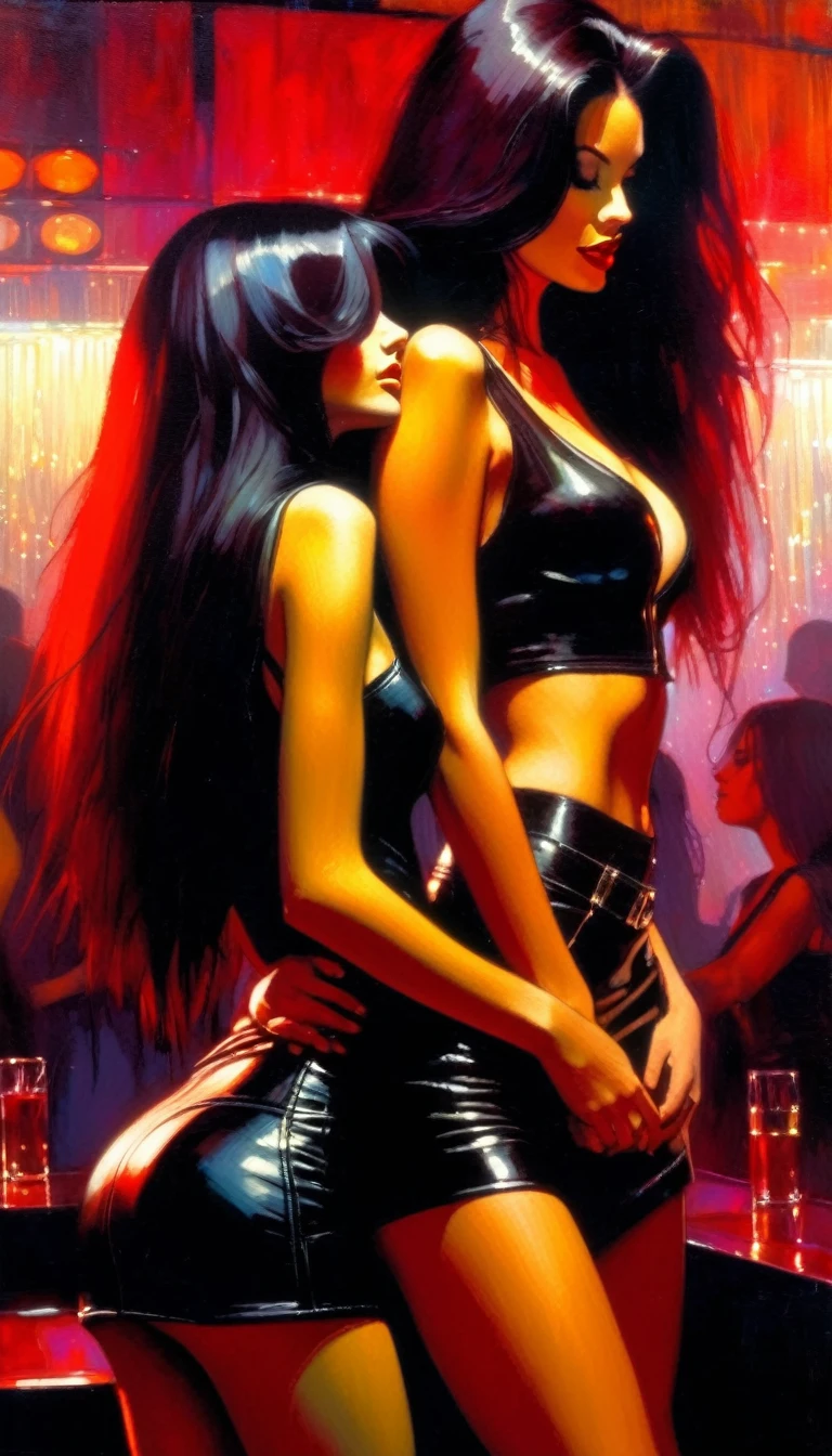 two girls with long red and black hair, sexy, leather miniskirt, very sexy, affectionate, in the nightclub, dance floor,(art inspired by Bill Sienkiewicz ). oil painting)
