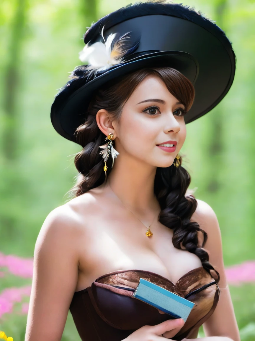 photo RAW,(Whimsical facial expression 1girl, solo, long hair, Hazel eyes, Tiramisu Brown hair, hat, dress, bow, Holding a book or magazine pose, bare shoulders, jewelry gems, flower, earrings, parted lips, blurry, Lime dress, lips, depth of field, bird, ring, feathers, corset, top hat, hat flower, hand on headwear,Realistic, realism, hd, 35mm photograph, 8k), masterpiece, award winning photography, natural light, perfect composition, high detail, hyper realistic
INFO