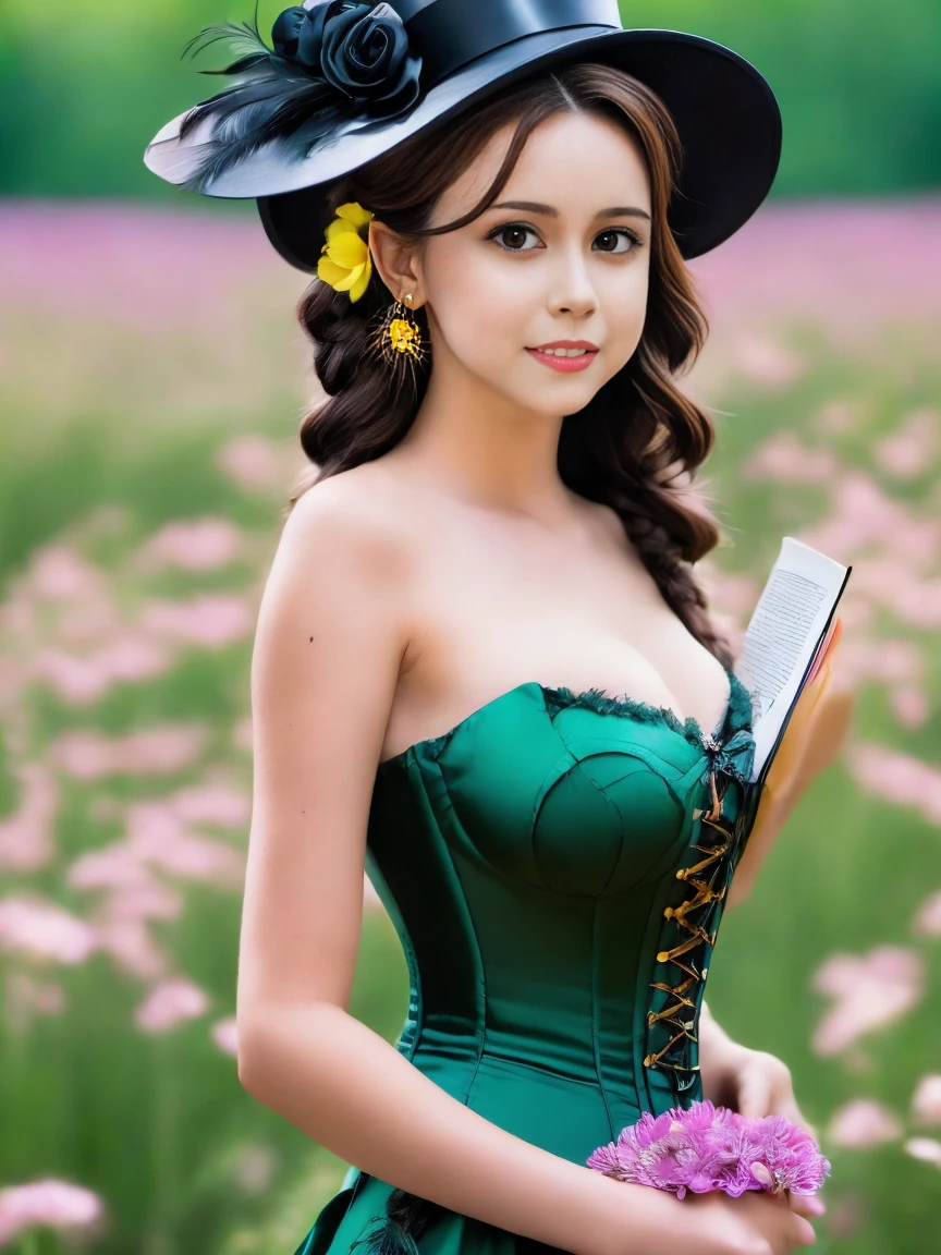 photo RAW,(Whimsical facial expression 1girl, solo, long hair, Hazel eyes, Tiramisu Brown hair, hat, dress, bow, Holding a book or magazine pose, bare shoulders, jewelry gems, flower, earrings, parted lips, blurry, Lime dress, lips, depth of field, bird, ring, feathers, corset, top hat, hat flower, hand on headwear,Realistic, realism, hd, 35mm photograph, 8k), masterpiece, award winning photography, natural light, perfect composition, high detail, hyper realistic
INFO
