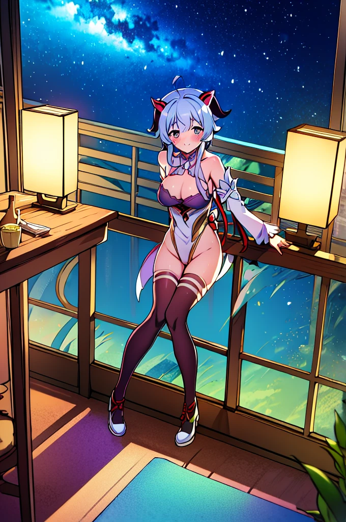 Very detailed,Pieces fly, Highest quality, Anime Images, Anime style etc.., Hired \(Genshin Impact\), Sit at the table, View from above, smile, 1 Girl, Twin Horn, ticker,Fits your body type, I can see the pussy , blush, Colorful pastel fantasy,Sexy pose,Very detailed background,Nice views,Beautiful and beautiful scenery,((Very detailed landscape)),Incredibly high quality,Night Sky