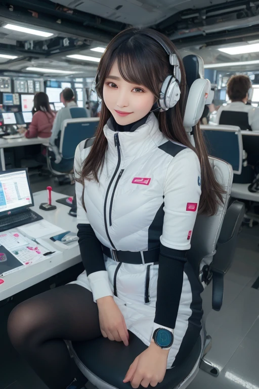 masterpiece, Highest quality, Very detailed, 8K Portrait,Japanese Android Girl,plump , Control panel,Robotic arms and legs, Blunt bangs,,break (Metallic Gray, Metallic luster, Mirror finish, Astro Best):5,headphone:5,break (Black sleeves):100,Smart Watches,Futuristic space station,Control Room,break headphone,blue eyes,(Black Hair):2,(Long Hair):1.3,Displaying the viewer,(respirator),break blush:3,Hidden Hand,smile