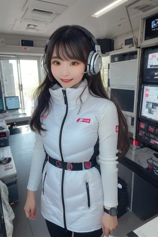 masterpiece, Highest quality, Very detailed, 8K Portrait,Japanese Android Girl,plump , Control panel,Robotic arms and legs, Blunt bangs,,break (Metallic Gray, Metallic luster, Mirror finish, Astro Best):5,headphone:5,break (Black sleeves):100,Smart Watches,Futuristic space station,Control Room,break headphone,blue eyes,(Black Hair):2,(Long Hair):1.3,Displaying the viewer,(respirator),break blush:3,Hidden Hand,smile