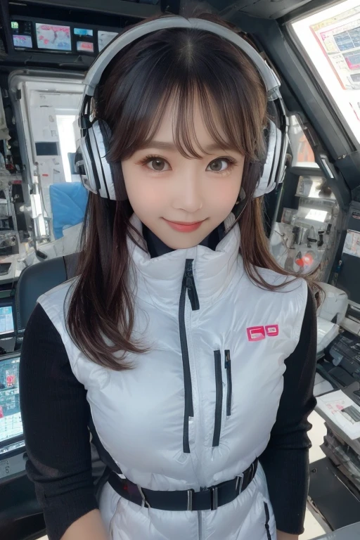 masterpiece, Highest quality, Very detailed, 8K Portrait,Japanese Android Girl,plump , Control panel,Robotic arms and legs, Blunt bangs,,break (Metallic Gray, Metallic luster, Mirror finish, Astro Best):5,headphone:5,break (Black sleeves):100,Smart Watches,Futuristic space station,Control Room,break headphone,blue eyes,(Black Hair):2,(Long Hair):1.3,Displaying the viewer,(respirator),break blush:3,Hidden Hand,smile