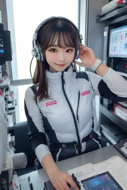masterpiece, Highest quality, Very detailed, 8K Portrait,Japanese Android Girl,plump , Control panel,Robotic arms and legs, Blunt bangs,,break (Metallic Gray, Metallic er, Mirror finish, Astro Best):5,headphone:5,break (Black sleeves):100,Smart Watches,Futuristic space station,Control Room,break headphone,blue eyes,(Black Hair):2,(Long Hair):1.3,Displaying the viewer,(respirator),break blush:3,Hidden Hand,smile