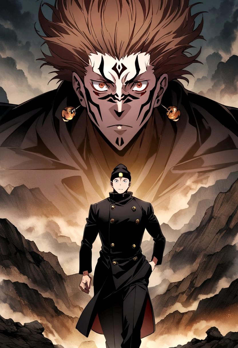 logo of a boy with the face of sukuna jujutsu kaisen muscular in black clothing in the center of medium brown hair and a black beanie hat on a background expansion of sukuna's domain from jujutsu kaisen symmetrical anime