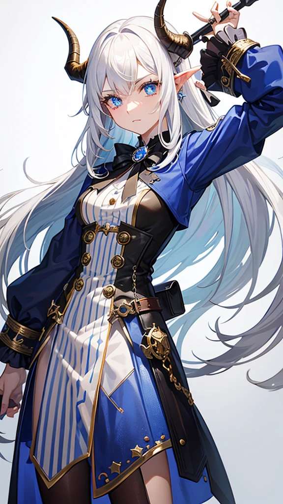  with horns and white hair, and star details, blue horn, blue eye, steampunk style steel arm