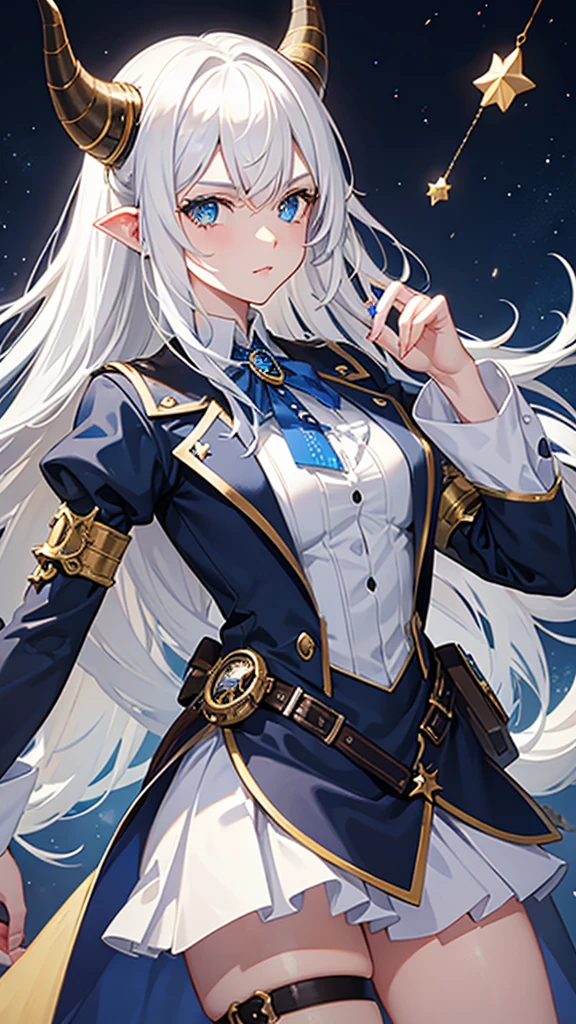 with horns and white hair, and star details, blue horn, blue eye, steampunk style steel arm