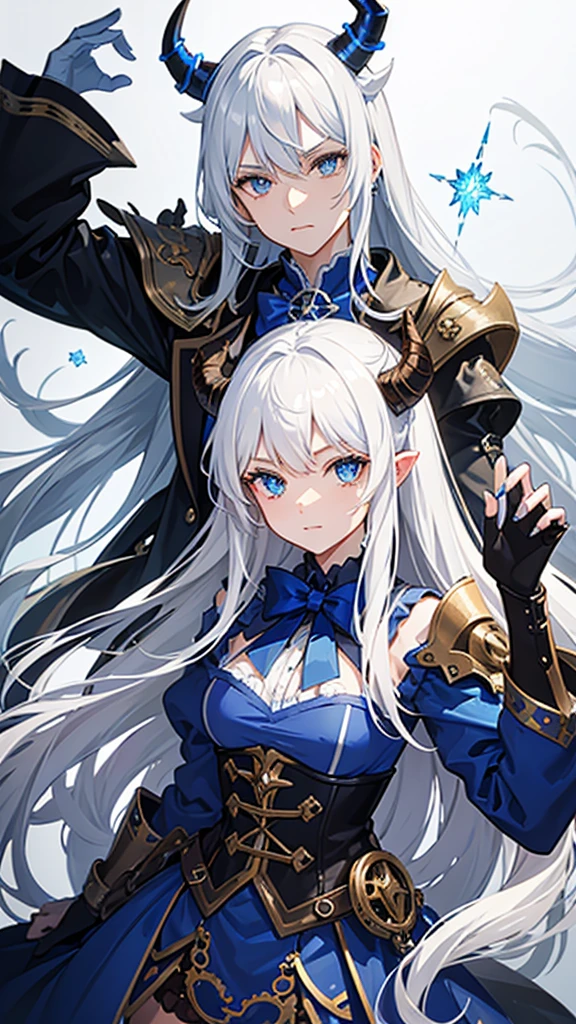  with horns and white hair, and star details, blue horn, blue eye, steampunk style steel arm