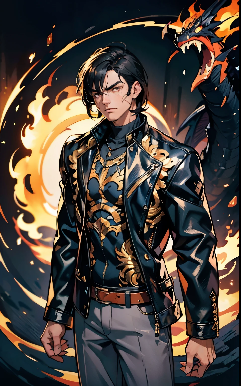 A young man, dark blue short hair, long bangs cover half of his face, good eyes, a long scar on the face, an expression of dissatisfaction, a fantasy-realistic leather jacket over a dark undershirt, hose, that matches the outfit, black fire swirls around, The background shows a menacing dragon made of black flames, This character embodies a finely crafted fantasy realism in anime style, exquisite and mature manga art style, high resolution, best quality, highres, Ultra-Detail, Finest painting, extremely sensitive, specialist, anatomically correct, symmetrical face, extremely detailed eyes and face, High quality eyes, creativity, RAW-Foto, uhd, 8K, natural light, cinematic lighting, ​masterpiece-anatomy-perfect, ​masterpiece:1.5