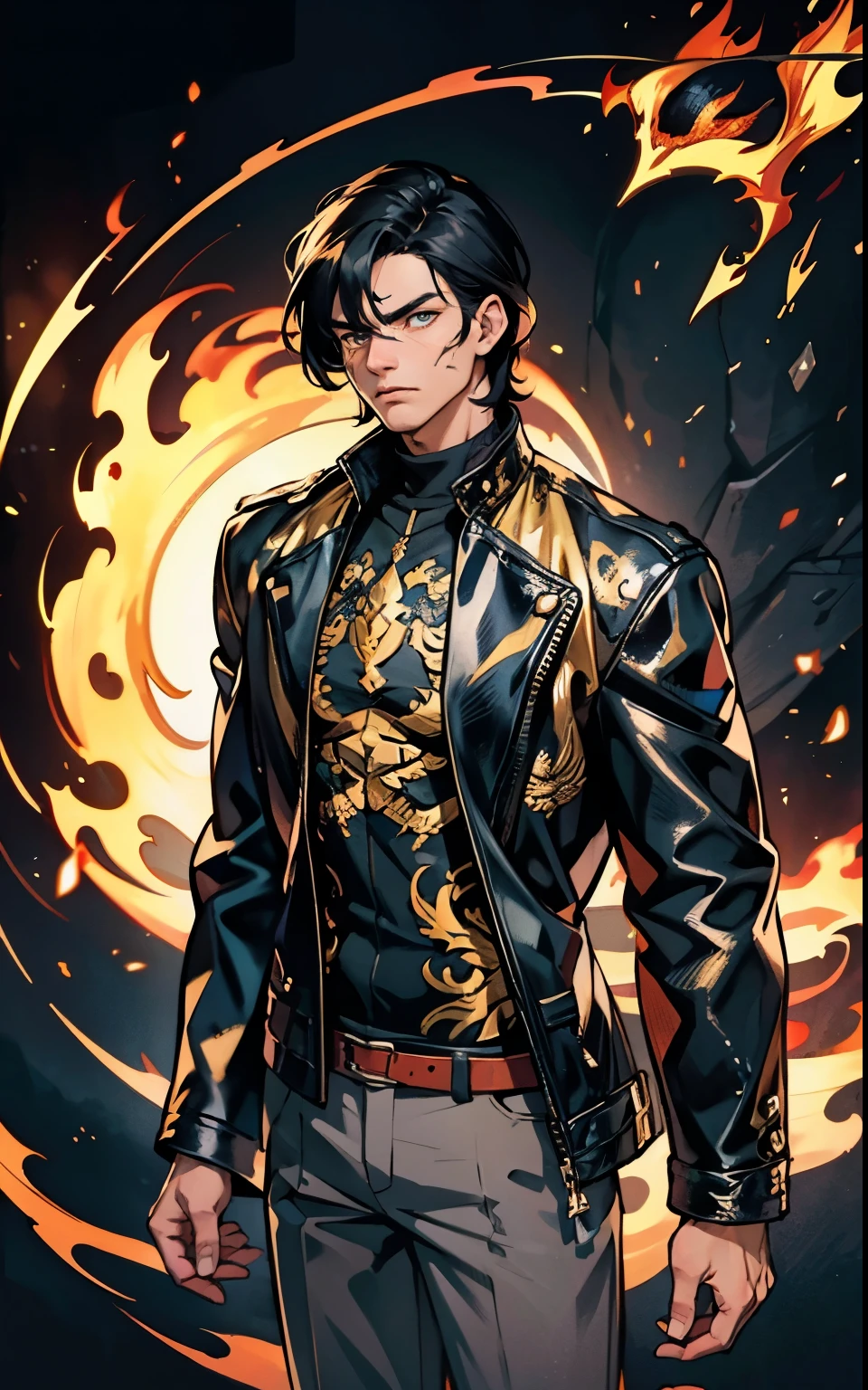 A young man, dark blue short hair, long bangs cover half of his face, good eyes, a long scar on the face, an expression of dissatisfaction, a fantasy-realistic leather jacket over a dark undershirt, hose, that matches the outfit, black fire swirls around, The background shows a menacing dragon made of black flames, This character embodies a finely crafted fantasy realism in anime style, exquisite and mature manga art style, high resolution, best quality, highres, Ultra-Detail, Finest painting, extremely sensitive, specialist, anatomically correct, symmetrical face, extremely detailed eyes and face, High quality eyes, creativity, RAW-Foto, uhd, 8K, natural light, cinematic lighting, ​masterpiece-anatomy-perfect, ​masterpiece:1.5