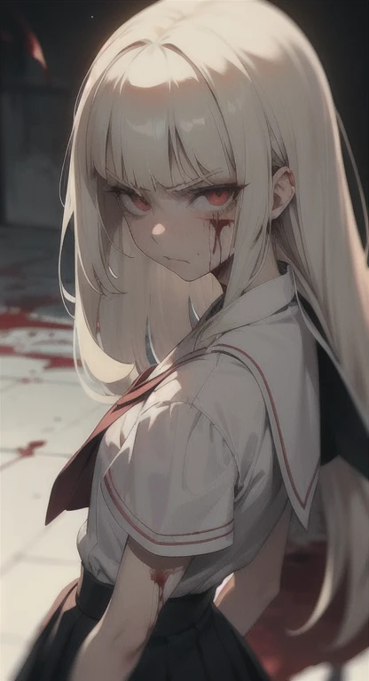 Sweating, Lillie, school's uniform, blood everywhere, girl covered in blood, looking at viewer pissed, front view,