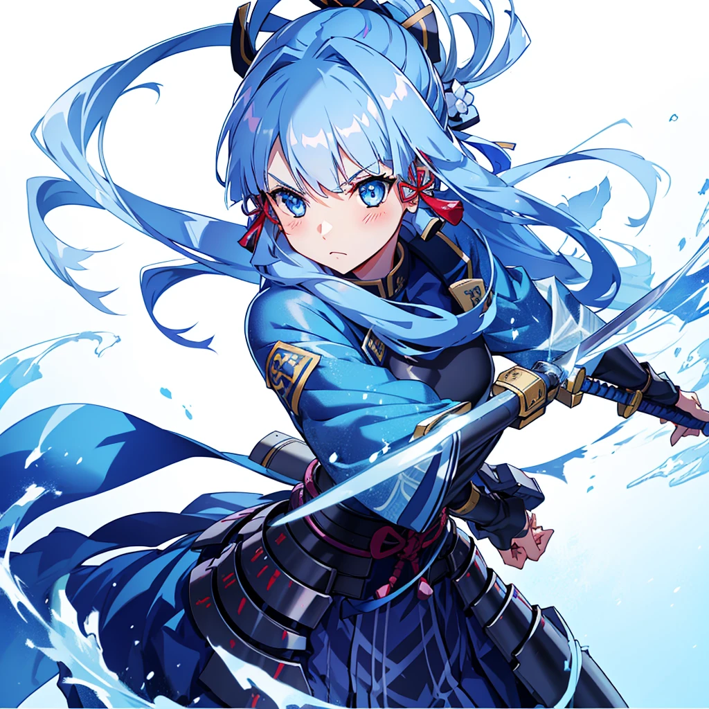 View the viewer, 1 Girl,  Highest quality, Blue Hair, blue eyes, Japanese style armor, Sword in hand, electricity, kamisato ayaka, whole body, blush, Serious face、Very detailed、high resolution、High resolution、Written boundary depth,White Background,A sword as big as your body