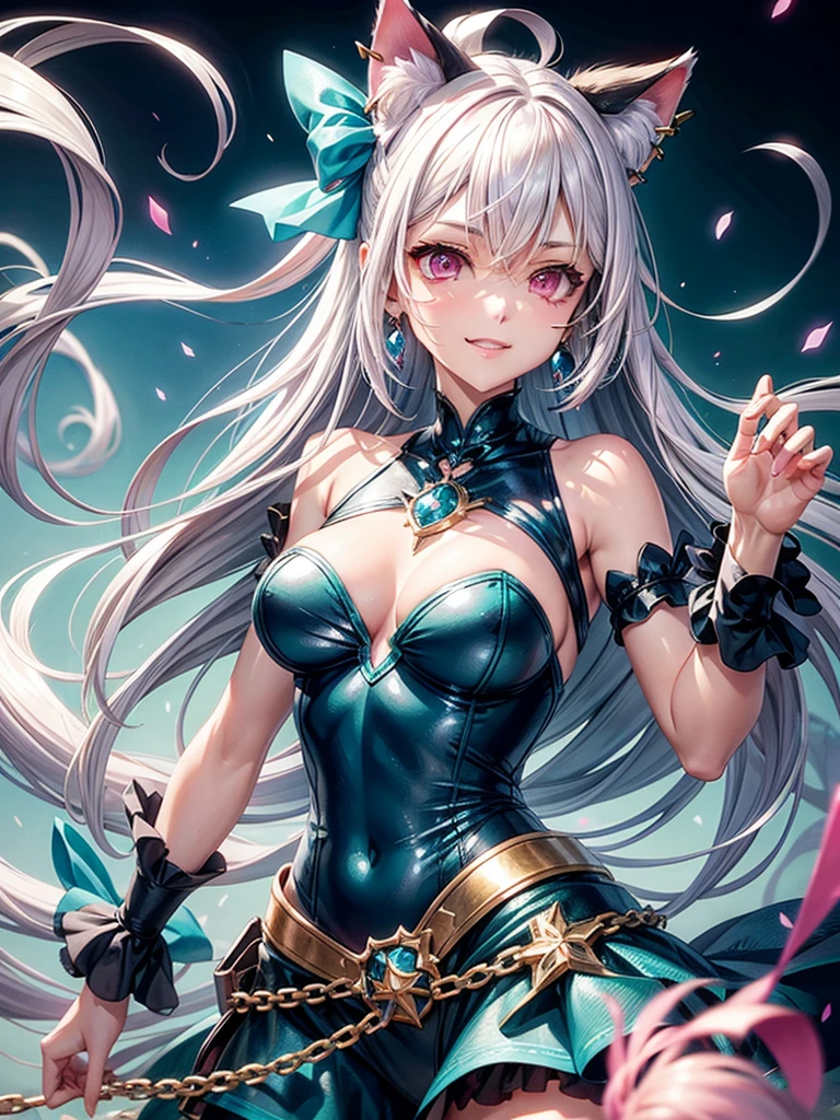 Silver hair, pink eyes, body, cat ears, woman, earrings, fantasy background, aqua clothes, hair bows, happy face