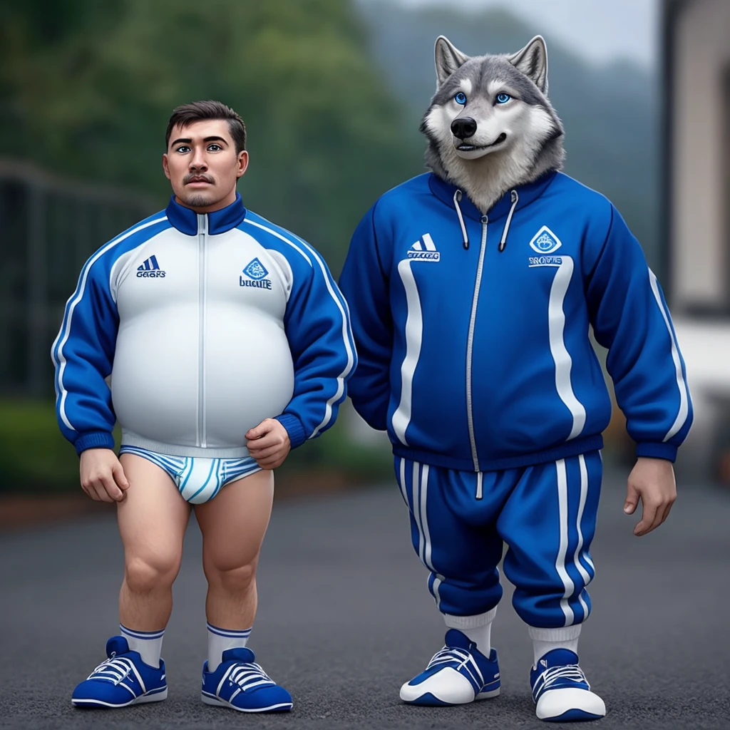  slightly chubby dad male grey wolf with small human blue eyes, no eyebrows, wearing a dark blue Adidas tracksuit, no pants white briefs, white socks, 4k