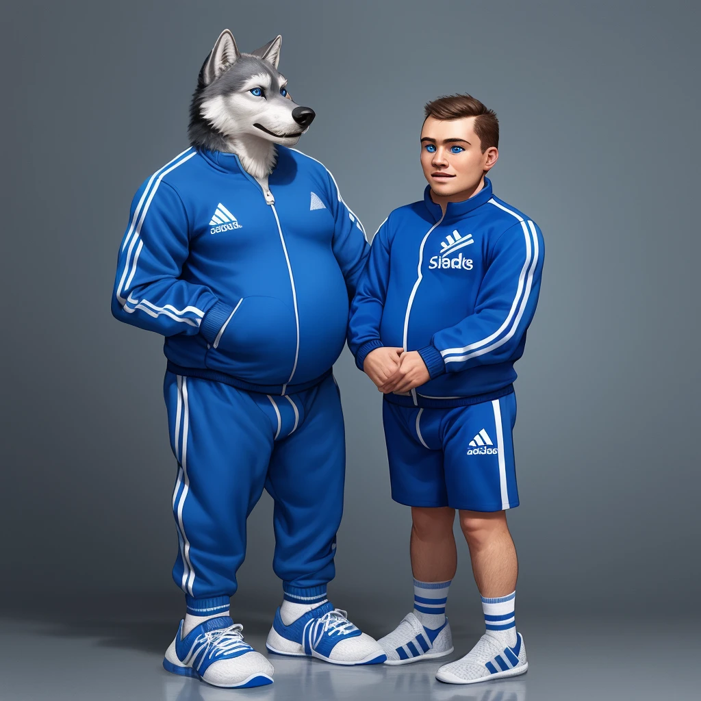 slightly chubby dad male grey wolf with small human blue eyes, no eyebrows, wearing a dark blue Adidas tracksuit, no pants white briefs, white socks, 4k
