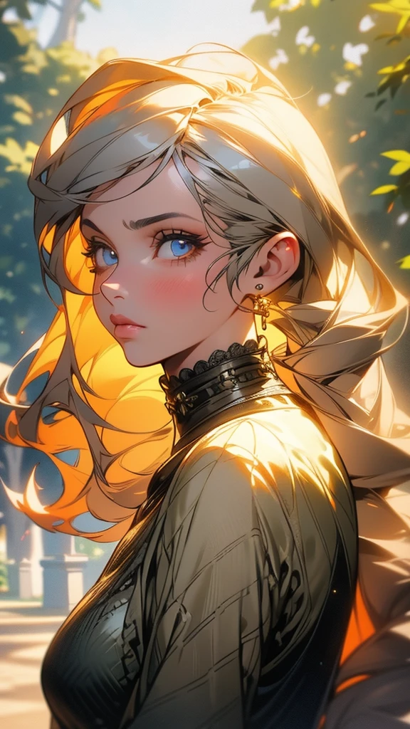 A girl walking while looking to the side, annoyed and irritated, detailed face, beautiful eyes, long eyelashes, beautiful lips, detailed clothing, outdoor garden setting, warm sunlight, vibrant colors, photorealistic, highly detailed, cinematic lighting, 4k, masterpiece