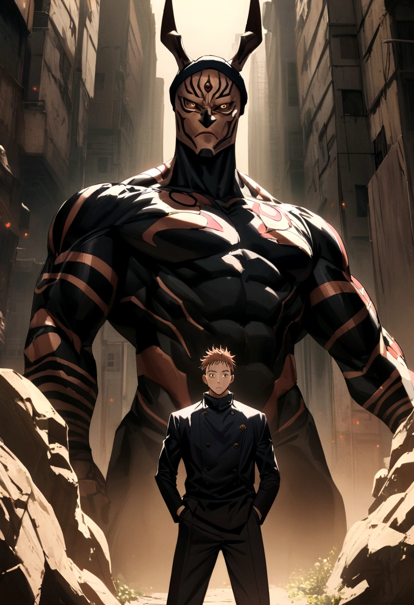 a boy with the face of a muscular sukuna jujutsu kaisen in black clothing in the center with medium-long brown hair and a black beanie hat in a background expansion of sukuna&#39;s domain from jujutsu kaisen symmetrical anime